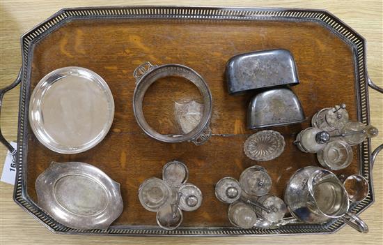 A silver plated mounted oak gallery tray and other plated items